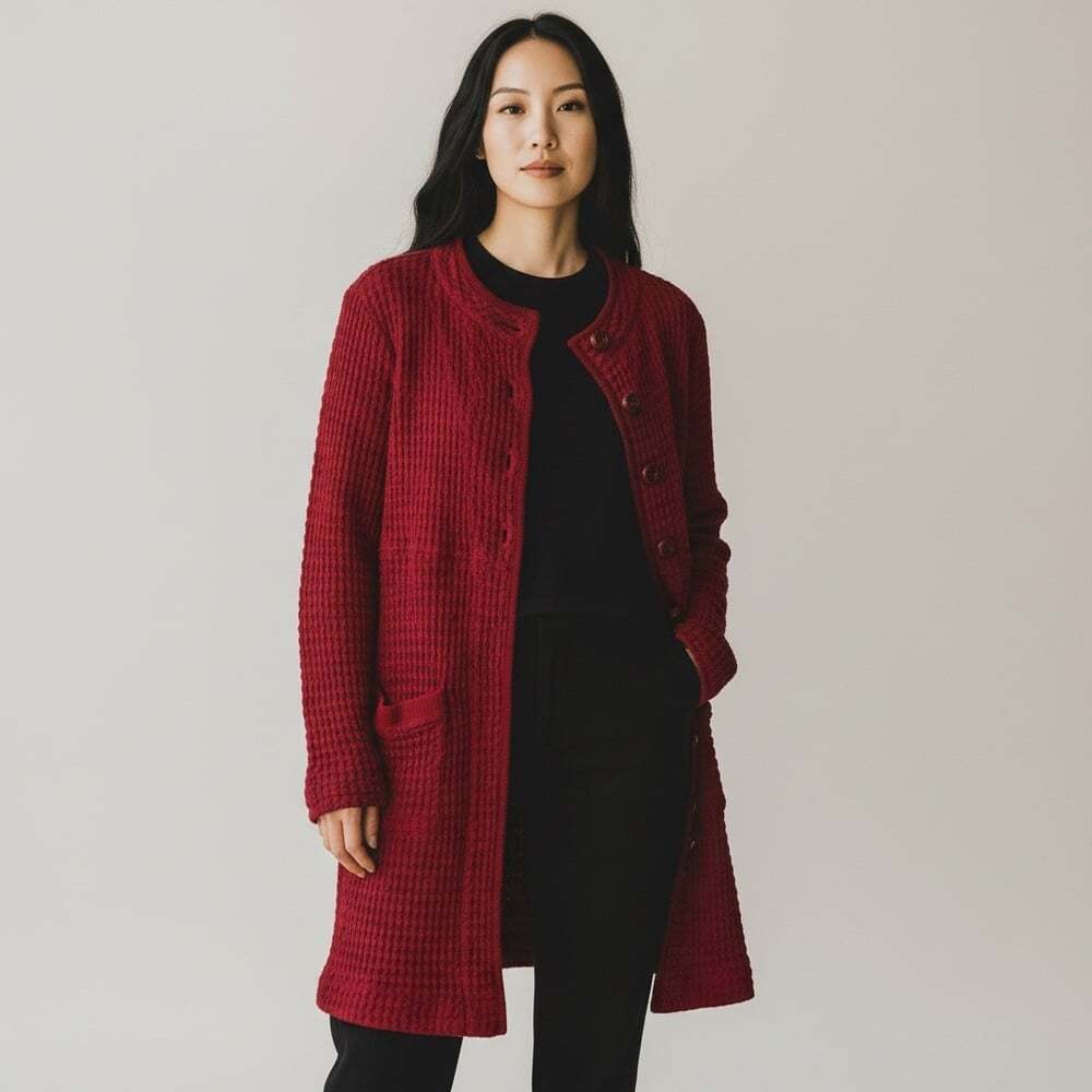 ModODoc Red Waffle Knit Cardigan Sweater Longline Button Front Size Large